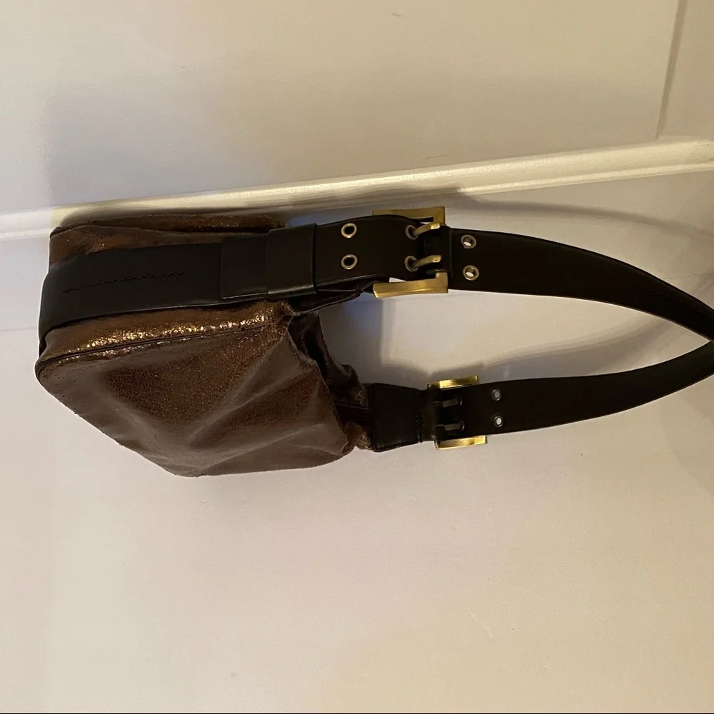 DONALD J. PLINER BAG SHOULDER BRONZE GOLD TEXTURED DARK BROWN LEATHER ZIP TOP